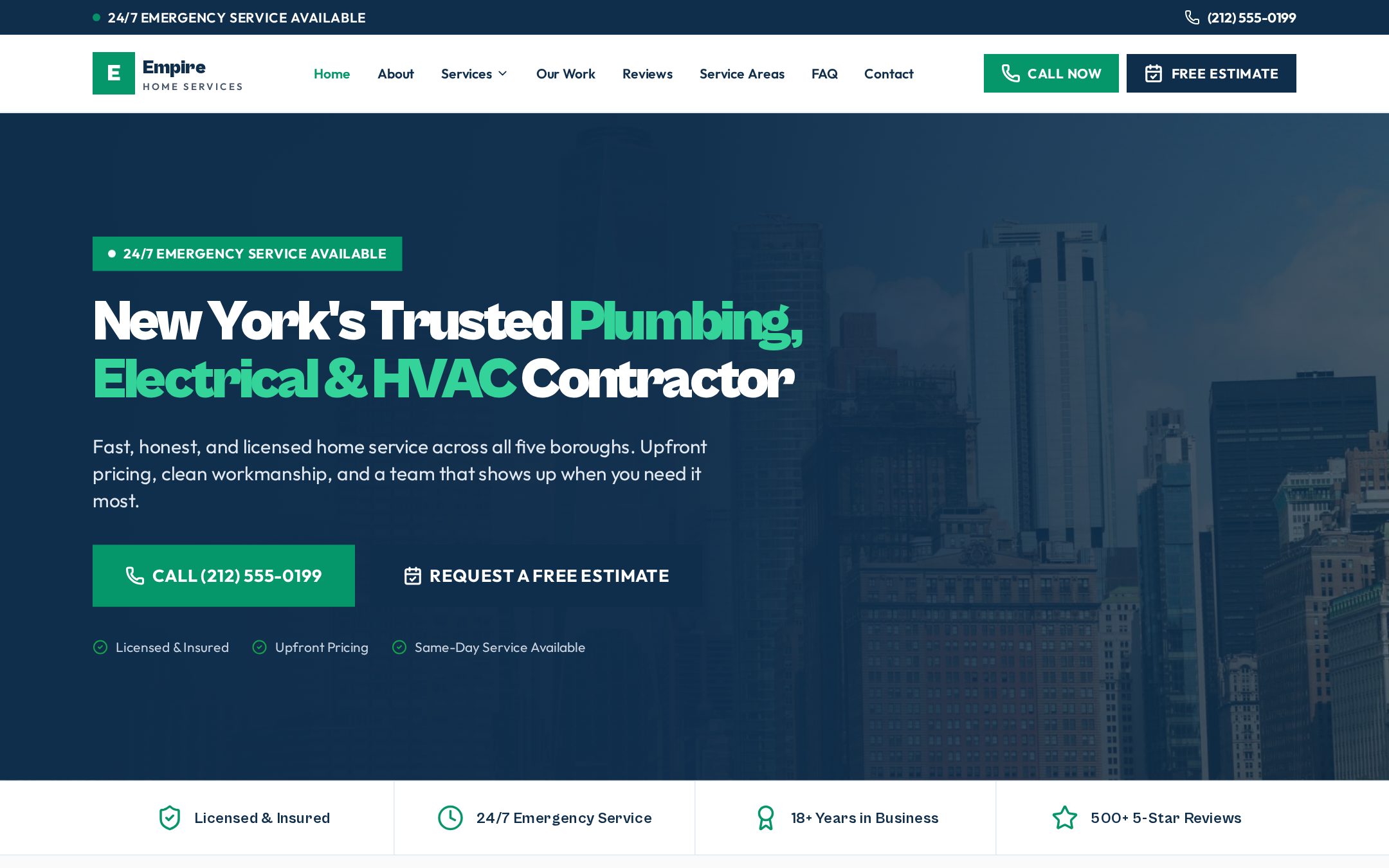 Live homepage screenshot of the Empire Home Services NY contractor website concept demo