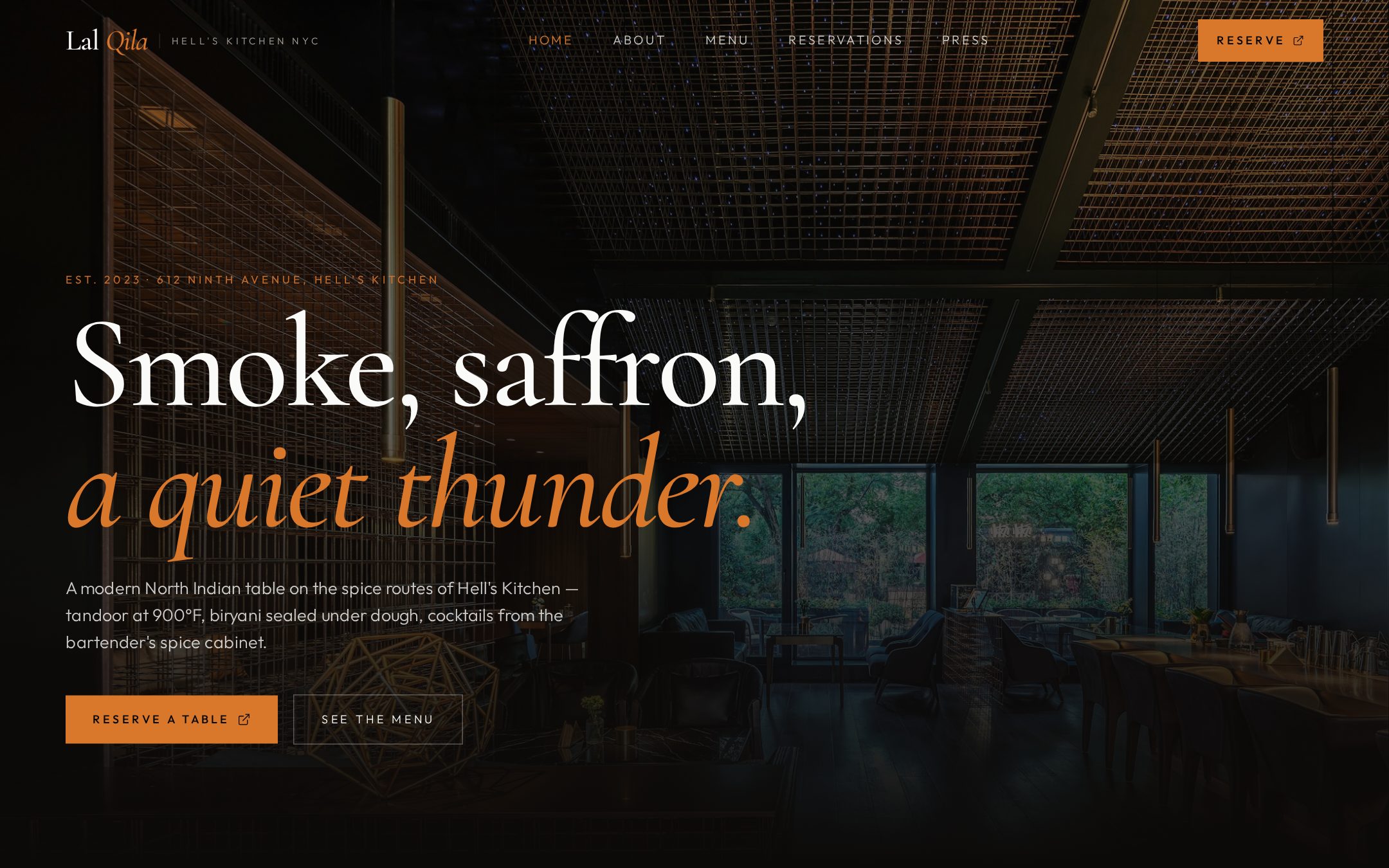 Live homepage screenshot of the Lal Qila NYC restaurant website concept demo