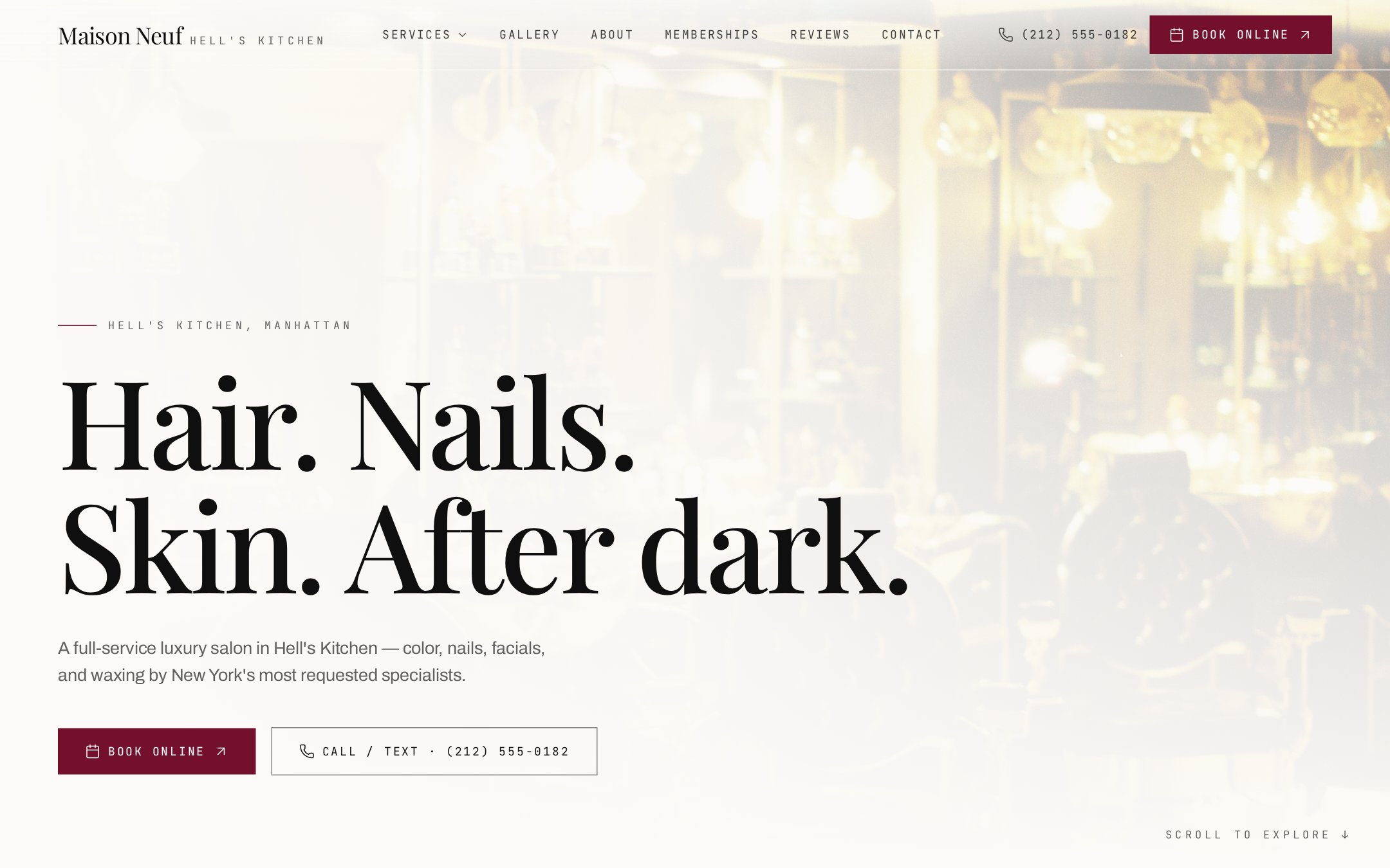 Live homepage screenshot of the Maison Neuf NY salon website concept demo