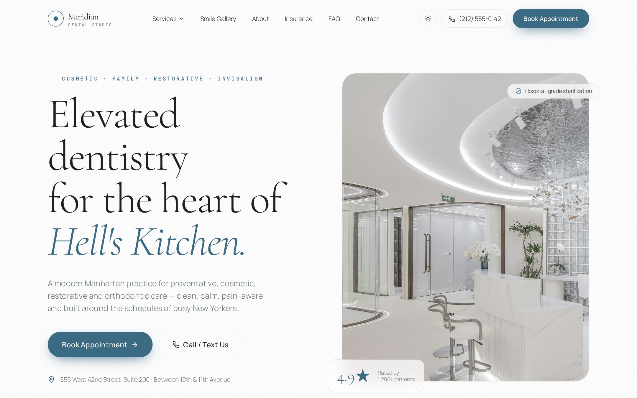 Live homepage screenshot of the Meridian Dental Studio website concept demo
